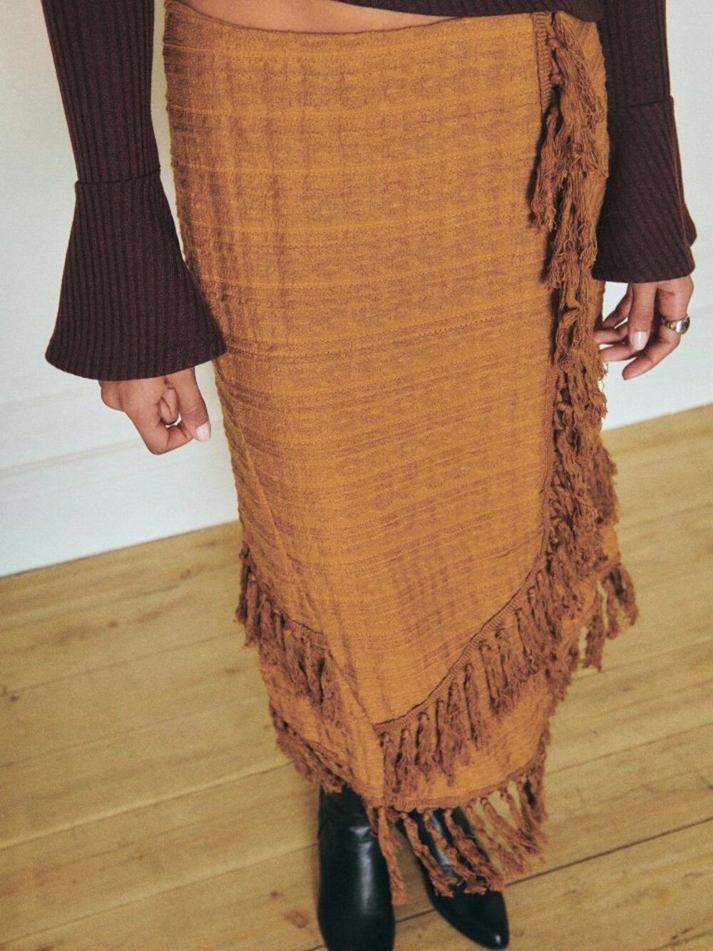 Brown Elegant Women's Fringe Midi Pencil Skirt - Picture 5 of 6